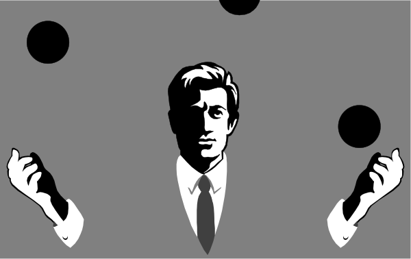 The image shows a black and white illustration of three men with their hands outstretched towards each other as if playing catch; one man is in front holding two balls while another appears to be throwing them from behind, creating an optical illusion effect where it seems like there's only one ball being thrown.