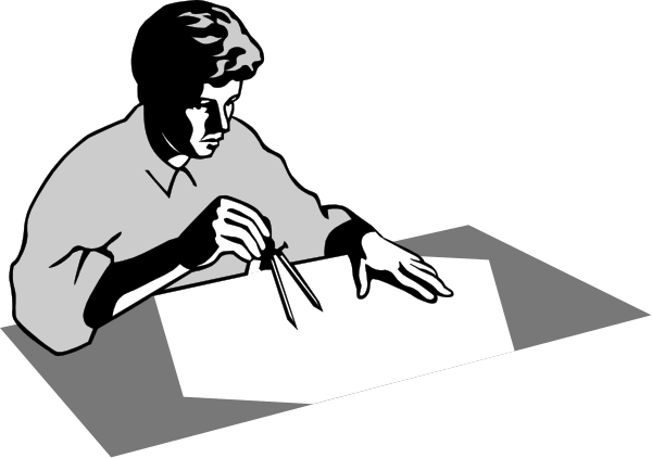 The black and white illustration shows a person sitting at a desk with papers spread out before them; their hands hold pens as if writing on one of those sheets.