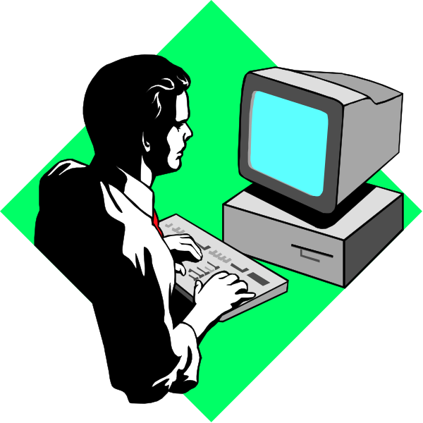 The image shows a cartoon of an adult male figure sitting at a desk with his hands on a computer keyboard; he is looking intently towards something off-frame to the right side of the frame. Behind him, there's a desktop monitor displaying what appears to be text or data in green color against a black background. The setting suggests that this could represent an office environment due to the presence of both the desk and computer equipment commonly found within such spaces.