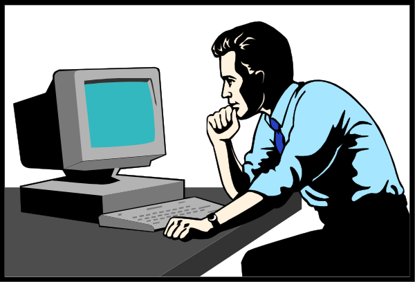 The comic strip shows a man sitting at his desk with an old computer monitor on it; he is looking up from typing into another device that appears to be connected by cables.