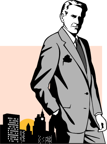 The image features a black and white illustration of an adult male dressed formally with his hands tucked into pockets standing against a city skyline backdrop at sunset.