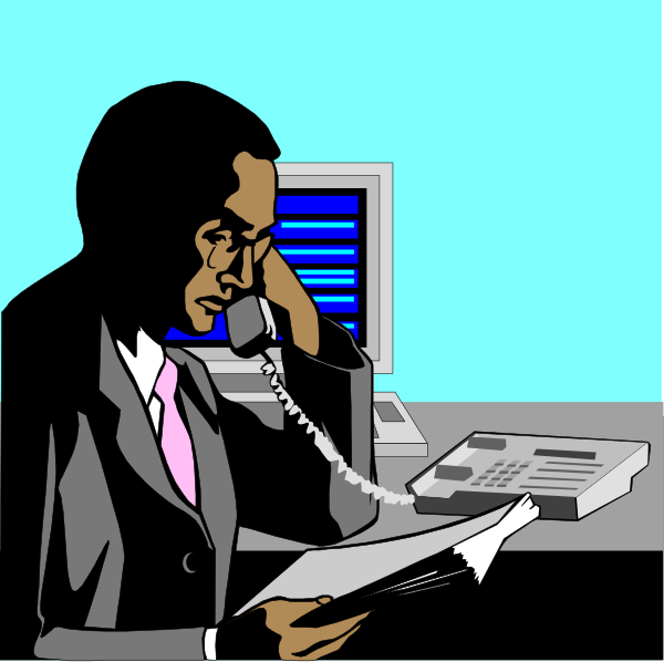 The illustration depicts a man sitting at an office desk with papers spread out before him; he is holding a phone to his ear while looking downward towards some documents on top of them.