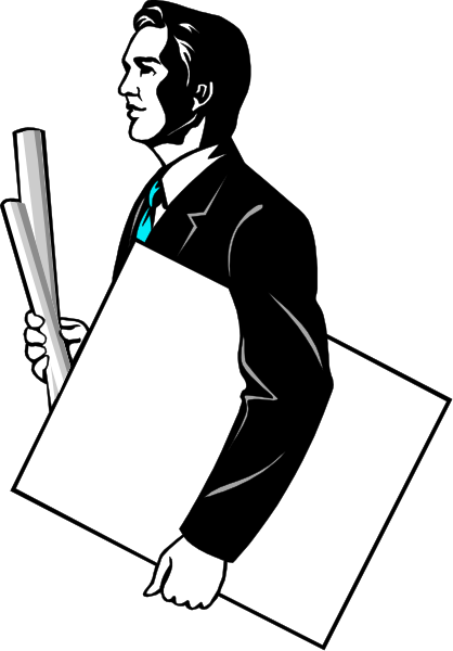 The black and white illustration shows a man holding up two signs with his hands on either side of them while standing against a dark background; he is wearing a suit jacket without sleeves revealing blue shirt underneath.