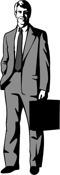 The black and white silhouette of a man standing against a dark background with his hands tucked into pockets; he is wearing a suit jacket over a shirt without tie.