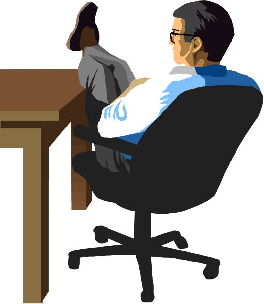 The illustration depicts a man sitting on an office chair at his desk with crossed legs, wearing glasses, looking downward while seated in front of a computer monitor that is turned off. He has short hair and appears to be relaxed as he leans back slightly from the upright position typical for working or studying.