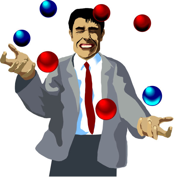 The image shows a man with his arms outstretched holding multiple red balls while surrounded by blue spheres that appear to be floating around him in an animated manner; he is standing against a dark background which provides contrast, emphasizing both himself and the colorful objects surrounding him.