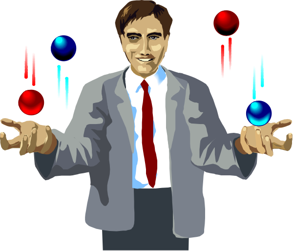 The image shows a man with his arms outstretched holding four spheres of different sizes; he is standing against a dark background that has abstract shapes resembling planets in various shades of blue, red, and green.