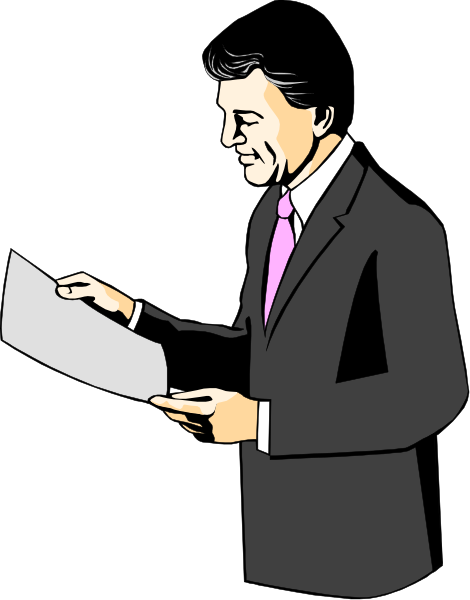 The illustration shows a man standing at an indoor desk with papers on it; he is dressed formally wearing a suit jacket over his shirt without tie, holding what appears to be a pen in one hand while looking down and reading from another piece of paper held by both hands.