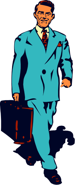The image shows a man dressed as James Bond walking with his briefcase on each hand against a black background.