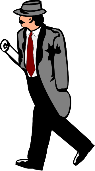 The black and white illustration shows a man standing against a vertical striped background; he is wearing a suit with red tie, hat on his head, holding what appears to be an umbrella in one hand while pointing upwards with another hand.