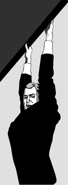 The image shows a black and white comic strip with two panels: In the top panel there is an illustration of a man in mid-air performing what appears to be a trick on his bicycle; he has one hand extended outward, suggesting balance during this stunt. Below him are three smaller images showing different stages or perspectives of the same action—the first shows only part of the cyclist's body and wheels as if from an overhead viewpoint, while in the second panel we see a close-up of his face with concentration on it; finally, the third image is