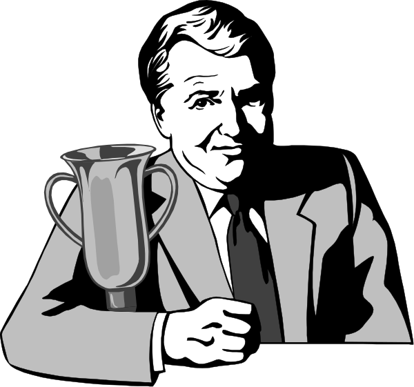 The black and white illustration features a man sitting at a table with his arm resting on it while holding an award trophy in one hand and pointing to another object he is also holding upside down as if presenting something, possibly related to sports given its shape; behind him stands another figure who appears surprised or intrigued by the situation.