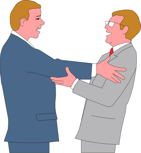 The illustration shows two men dressed formally standing close to each other with their arms around a wall; both appear surprised as if caught in an unexpected situation.