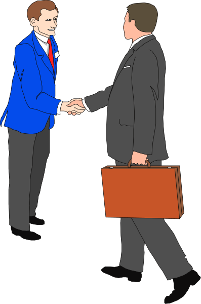 The image shows two men shaking hands; both have briefcases with them.