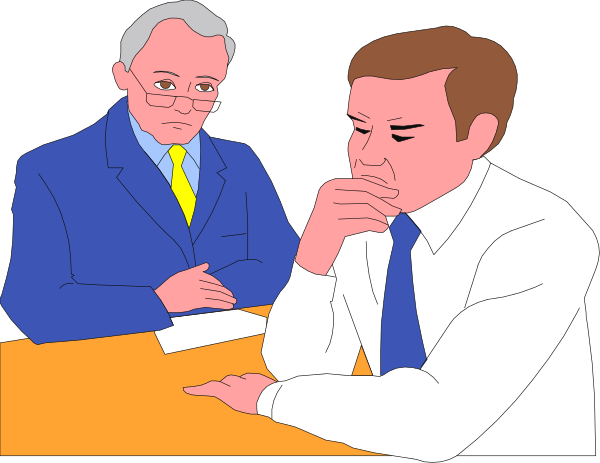 The cartoon shows three men sitting at a table with papers on it; two of them appear to be engaged in conversation while one is looking downward with his hand resting thoughtfully upon his chin.