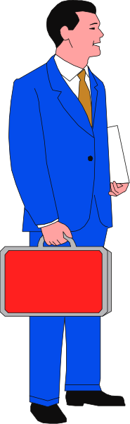 The image shows a man dressed as an executive standing next to a red sign with white text that reads "Do Not Enter."