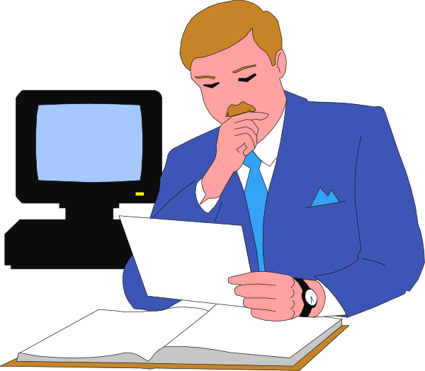 The illustration shows a man sitting at an office desk with his hand on his chin, looking downward while reading papers from what appears to be a file folder in front of him. He is wearing a suit jacket and tie, suggesting he might work professionally or formally within this setting. There are no other objects visible besides the booklet open before him; there's also an office chair beneath his feet but it isn't detailed enough for me to describe further. The background consists only of what seems like a computer monitor on top of another piece of furniture, possibly indicating that he is in