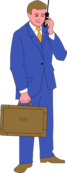 The illustration shows a man dressed as an executive standing against a dark background with his hand to ear while holding what appears to be a briefcase in one hand; he is depicted from behind facing leftward.