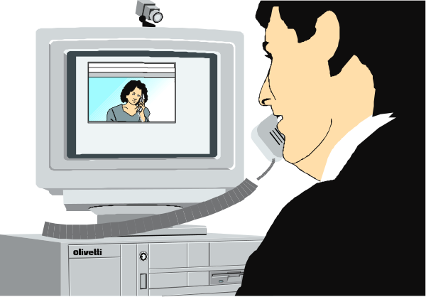 The cartoon shows a man sitting at an office desk with his hand on his chin while looking intently into a computer monitor that displays another person's face in a video call window.