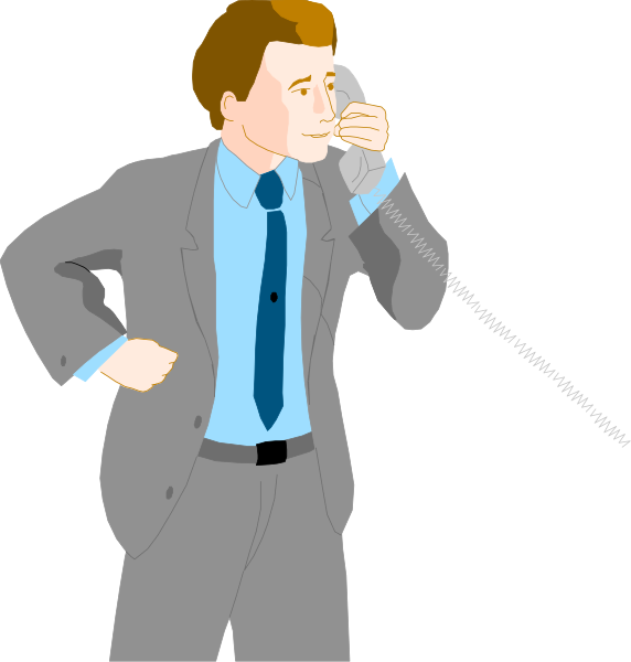 The illustration shows a man standing on either side of an open phone line with his hands resting behind him while talking into separate phones; he is dressed in business attire including a suit jacket over a blue shirt, tie and pants.