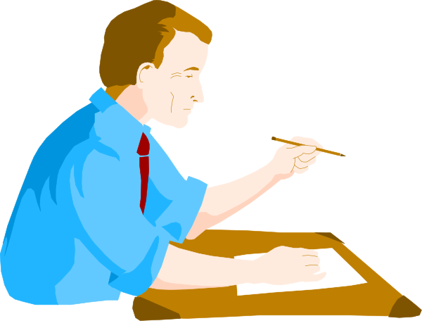The illustration shows a man sitting at a desk with papers on it; he is writing something down while another person watches him from behind.