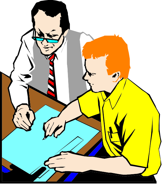 The illustration shows a man sitting at an office desk with papers spread out before him; he is wearing glasses and appears to be focused on his work. Next to him stands another person who seems engaged in conversation, gesturing towards something off-frame while holding what looks like blueprints or plans. Both individuals are dressed casually for the setting of a professional environment.