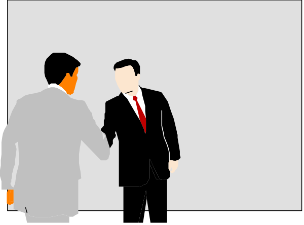The image shows two men dressed professionally shaking hands across a desk with another man standing behind them observing their interaction; there is no text present in this clip-art illustration.