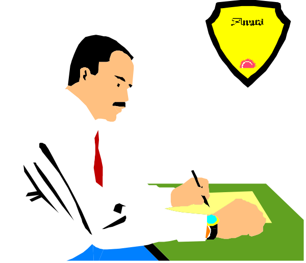 The image shows a cartoon of two men sitting at desks with papers; both have pens on their hands while writing in books placed before them. They appear to be engaged in some form of discussion or work, as suggested by one man's hand gestures and focused expressions.