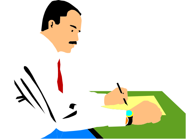 The image shows a man sitting at a desk with papers on it; he is writing something down while looking up from his work.