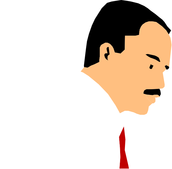 The image shows a cartoon of an adult male with balding hair wearing glasses sitting at his desk looking downward while holding what appears to be a pen in one hand. He is dressed formally in a white shirt and tie, suggesting he might work as an office worker or professional.