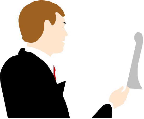The image shows a cartoon of an adult male figure holding up two pieces of paper with text on them while standing against a dark background; he is wearing a suit jacket without sleeves visible at his arms' ends, and there appears to be no headgear or facial features provided for the character.