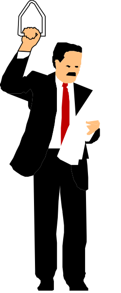 The image shows a man standing behind an open laptop with papers on it; he is holding what appears to be a pen in his right hand while gesturing towards something off-camera with his left arm extended outward, and there's no visible text within this small clip art image.