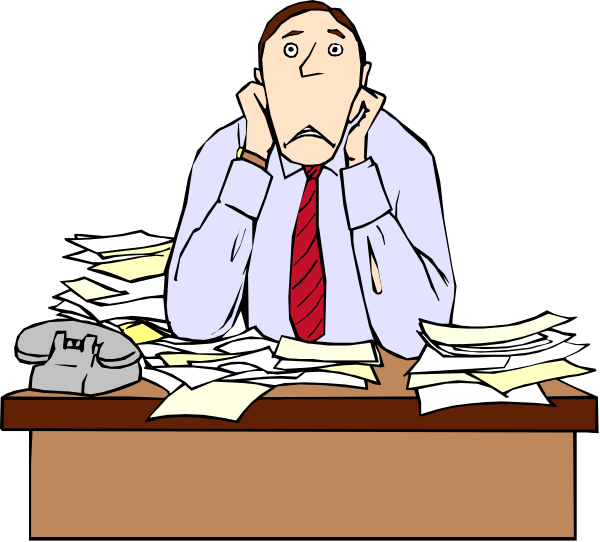 The cartoon shows a man sitting at his desk with papers scattered around him; he appears to be overwhelmed by work as indicated by his posture and facial expression.
