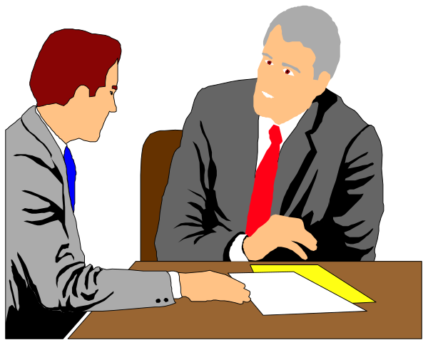 The image shows a cartoon of two men sitting at an office desk with papers on it; both appear to be engaged in conversation while one man is signing documents under another's watchful eye.