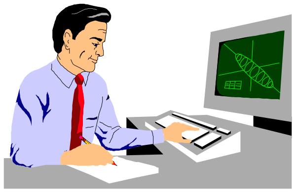 The image shows a man sitting at an office desk with his hands on keyboard keys; he is wearing glasses and appears to be working in front of two computer monitors displaying graphs. To his right stands another person, also seated behind a monitor showing similar graphical data but not interacting directly with the equipment. Both individuals are dressed professionally: one wears a red tie while sitting at their desk; both wear dark shirts and light pants or skirts. The setting suggests an office environment focused on scientific research or analysis of complex systems, as indicated by the graphs displayed on screens.