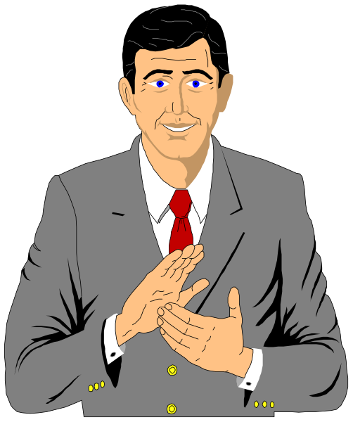 The image shows a cartoon of an adult male with glasses standing behind a podium at what appears to be a formal event; he is gesturing towards someone in front of him while speaking into a microphone, and there's no visible audience present.