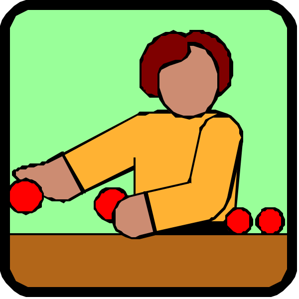 The image shows a sequence of three panels with an illustration of a person playing darts:

1) In panel 1, there is one red apple on top of another in front of the player's hand and two apples to their right side; the background color appears greenish.
2) Panel 2 shows four more apples being thrown by the same individual towards a target with three darts already stuck into it (the person has not moved from panel 1). The setting is still indoors, but now there are five red apples in total and two