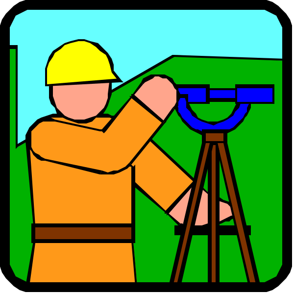 The image shows a sequence of three panels with an illustration that depicts construction work:

1) In panel 1, there is a person in orange attire standing next to two large pieces of equipment on what appears to be a building site; one piece looks like it could be part of the foundation or support structure. The individual seems focused and engaged with their task at hand. There are no visible texts within this image.
2) In panel 2, we see that same person is now using an instrument called "theodolite," which they hold up to measure angles