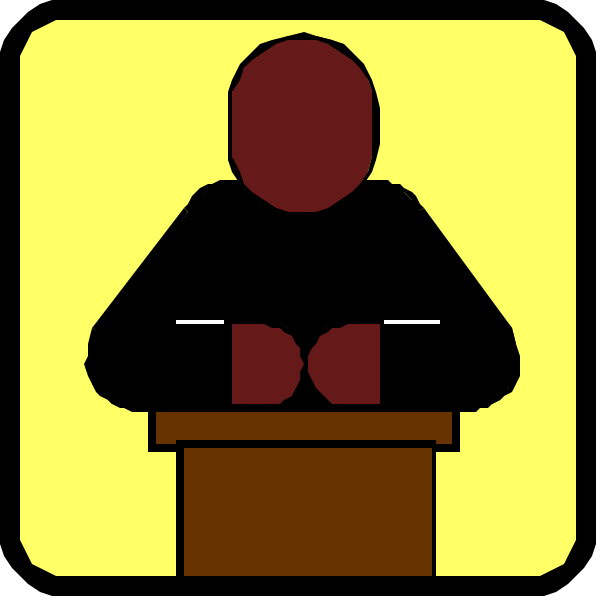 The image shows a cartoon of two panels with an icon representing a person sitting at a podium on both sides; in each panel is a speech bubble containing text that appears to be related to public speaking or lecturing, but it's not legible due to low resolution and small size.