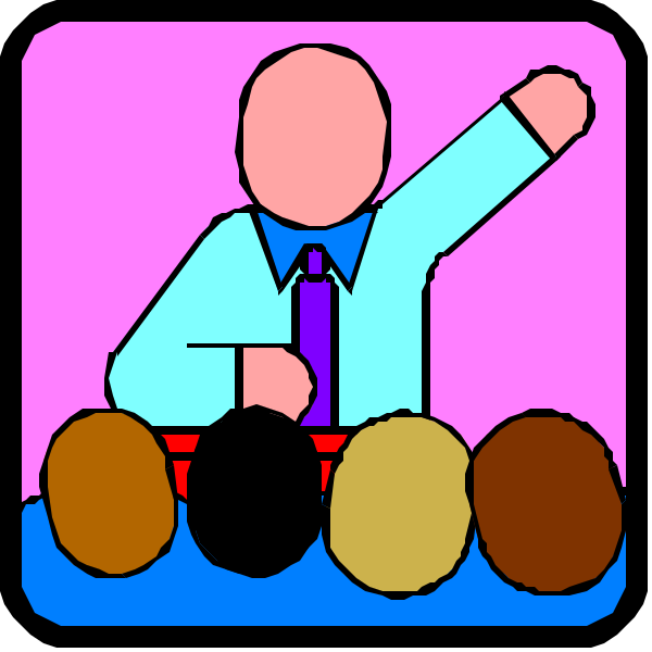 The image shows a cartoon of two panels with an animated character giving presentations to different audiences: In panel 1, he is speaking in front of three individuals who appear interested; Panel 2 depicts him addressing multiple people from behind as if on stage or at a podium. He has his hand raised and seems engaged during the presentation. The setting suggests that this could be an educational event or conference where presentations are being made to various groups simultaneously, possibly for training purposes in different locations. There is no text visible within these panels.