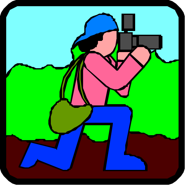 The image shows a cartoon of two panels with an illustrated character carrying a camera on their back walking through what appears to be nature; in one panel, there is no text visible while in another, it reads "Photographer."