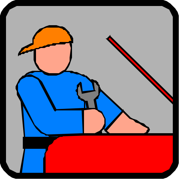The image shows a cartoon of an individual wearing blue overalls sitting atop what appears to be a workbench with tools around them; there is also another figure in orange standing next to it holding up their hand, and both figures seem engaged in some sort of repair or construction activity within the confines of a garage-like setting.