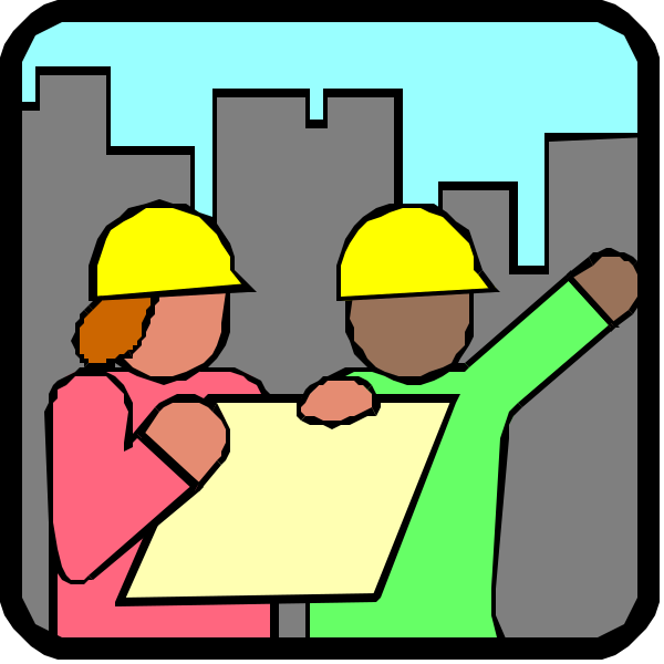 The image shows a cartoon of two construction workers wearing hard hats standing next to each other with blueprints; there is also an adult pointing at something in front of them while another person looks on from behind, and both individuals appear engaged in conversation about their work plans or project details within the context of urban development.