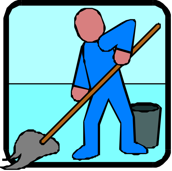 The image shows a cartoon of an individual wearing blue overalls cleaning with a mop bucket on their left hand while holding onto something in front of them that is out of frame.