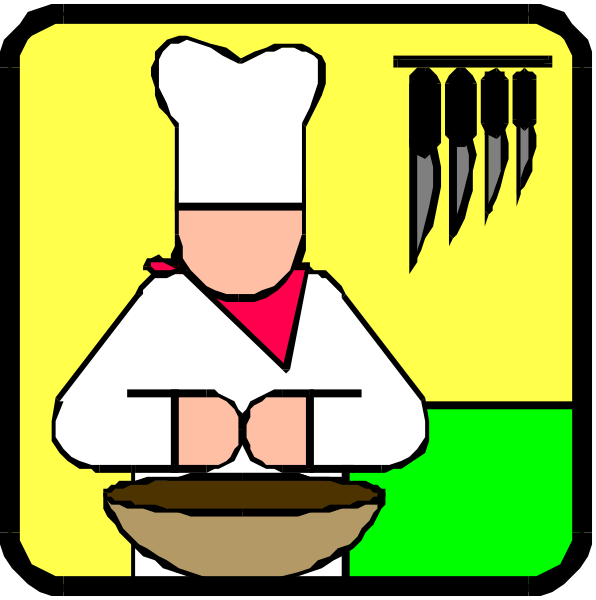 The images show a chef preparing food with various ingredients on a table next to him; he is wearing an apron and has cooking utensils around his neck.