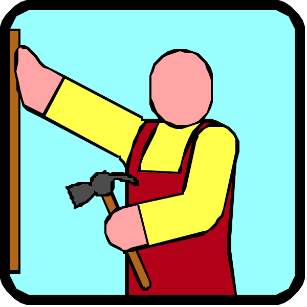 The image shows a sequence of three panels with an illustration of a person holding up two signs: 1) A hammer in one hand pointing to it; 2) An open book being held by both hands, indicating reading; and 3) Another sign that is not clearly visible due to the angle. Each panel has different backgrounds but all feature blue sky with clouds at top left corner of each frame. The person appears to be a caricature-style illustration wearing an apron in two panels and holding up signs, suggesting themes related to work or craftsmanship.