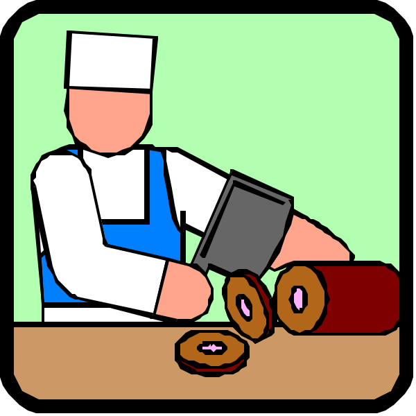The image shows a chef preparing food at his workstation with various ingredients on display such as doughnuts, rolls of bread, an oven in background, and he is wearing blue apron while working diligently to prepare delicious baked goods for customers.