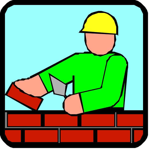 The image shows a two panel comic strip featuring an illustration of construction work with a worker wearing safety gear including hard hat and boots on top left corner; in bottom right corner is another depiction showing same character using tools to fix bricks, while above it appears as if he's working atop the brick wall.