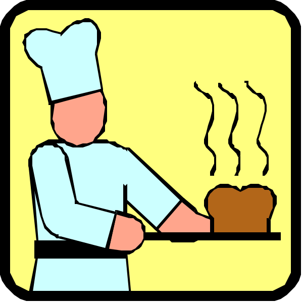 The image shows a cartoon of an animated chef preparing food on a stove with steam rising from it while standing atop a countertop in front of two pans; to his left is another panel depicting him placing something into one pan, and below that he's shown carving meat.
