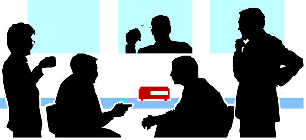 The image shows a group of four individuals sitting around a table with their backs to each other; there is no text present in this clip-art representation.